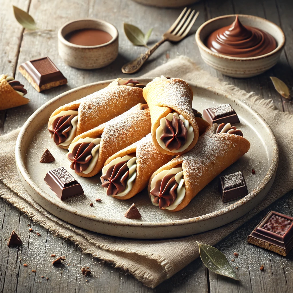 Ropogós cannoli gazdag csokoládékrémmel töltve