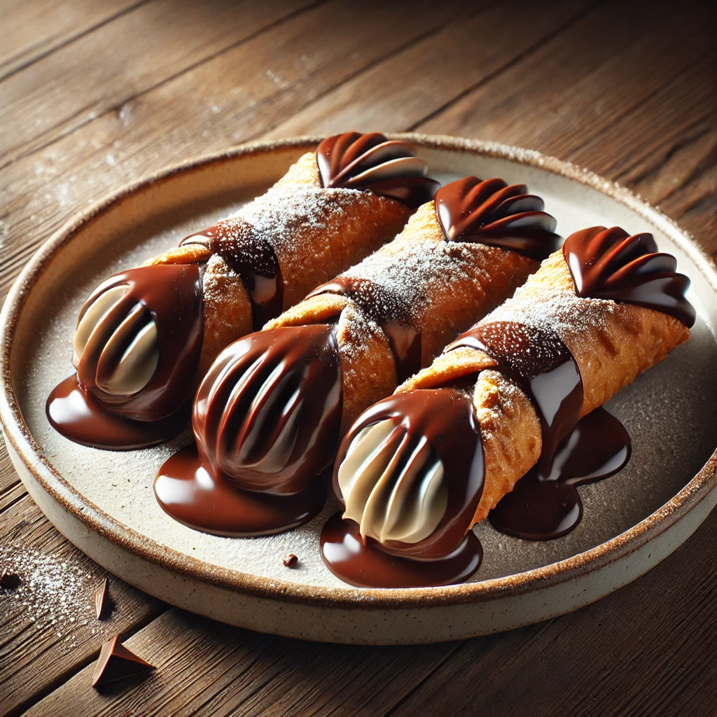 Ricottával töltött, csokoládéba mártott olasz cannoli klasszikus ízekkel