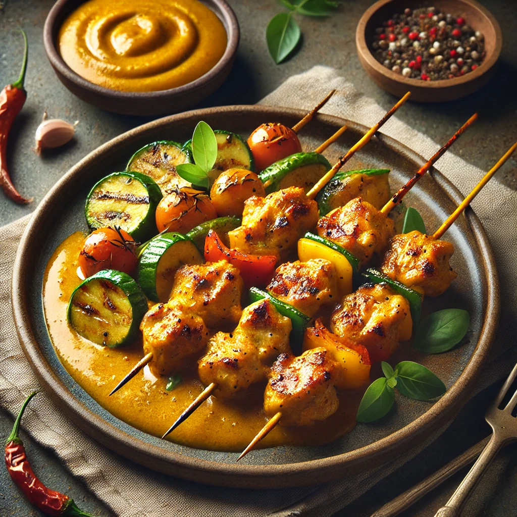 Fűszeres csirke nyársak curry pácban