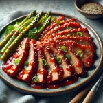 Daeji Bulgogi csípős sertés zöldségekkel tálalva