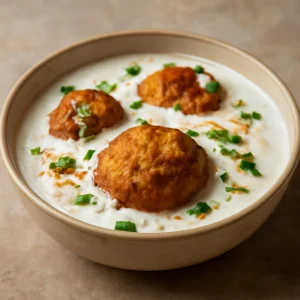 Ropogós Dahi Vada, fűszeres joghurttal tálalva