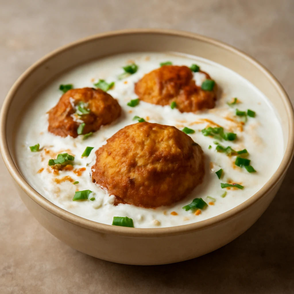 Ropogós Dahi Vada, fűszeres joghurttal tálalva