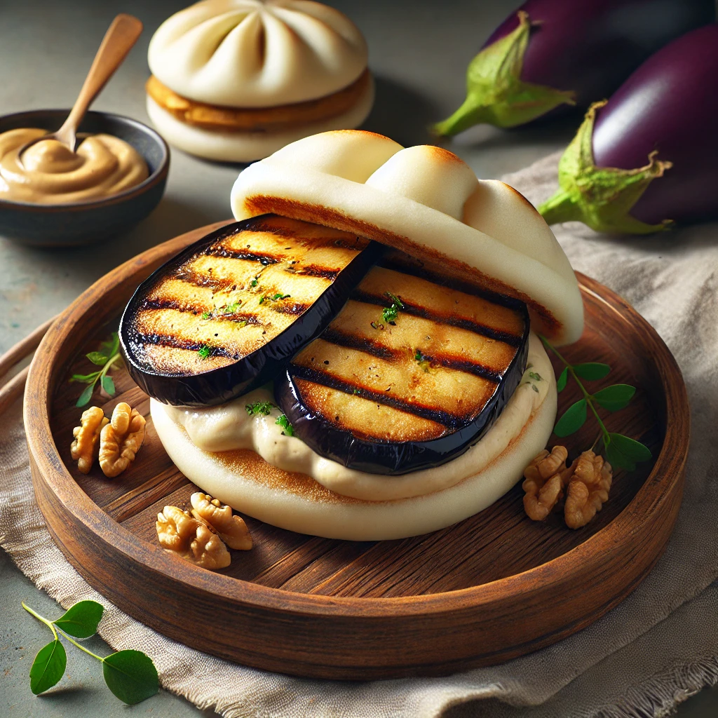 Bao bun padlizsánnal és diókrémes töltelékkel, gőzölt zsemlében