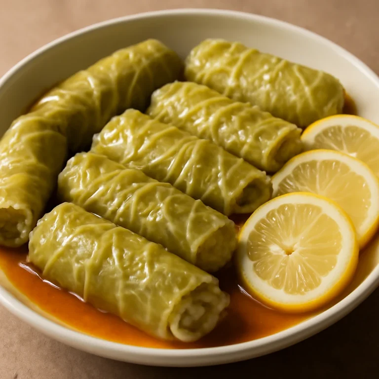 Dolma káposztalevélben rizses töltelékkel, friss citromkarikákkal tálalva