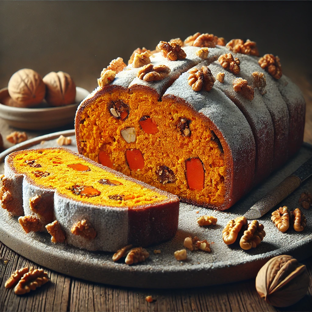 Porcukorral szórt stollen szeletek édesburgonyás-diós töltelékkel