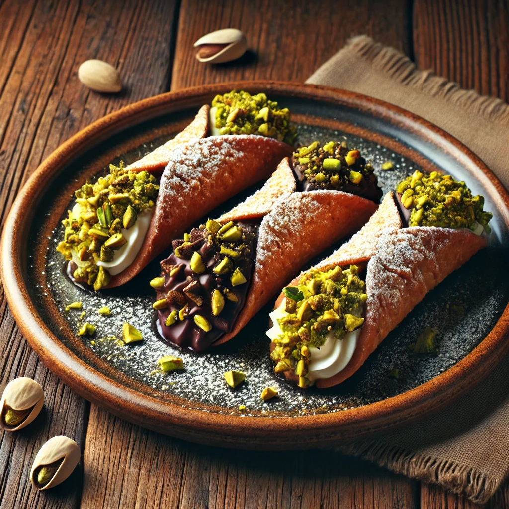 Krémes ricottával, étcsokoládéval és pirított pisztáciával töltött olasz cannoli