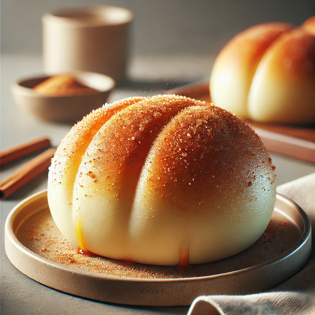 Puha és illatos bao bun fahéjas cukorbevonattal, egyszerű édesség gőzölt tésztából