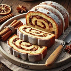 Porcukorral szórt stollen szeletek marcipánnal és fahéjas cukorral töltve
