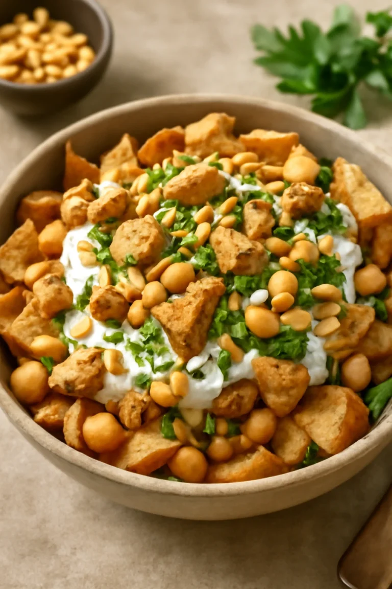 Fatteh csirkével, pirított pita darabokkal, csicseriborsóval, tahinis joghurttal és pörkölt fenyőmaggal.