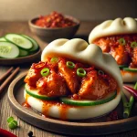 Fűszeres csirkés bao bun étel tálalva