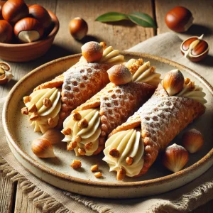 Ricottával és cukrozott gesztenyepürével töltött klasszikus olasz cannoli
