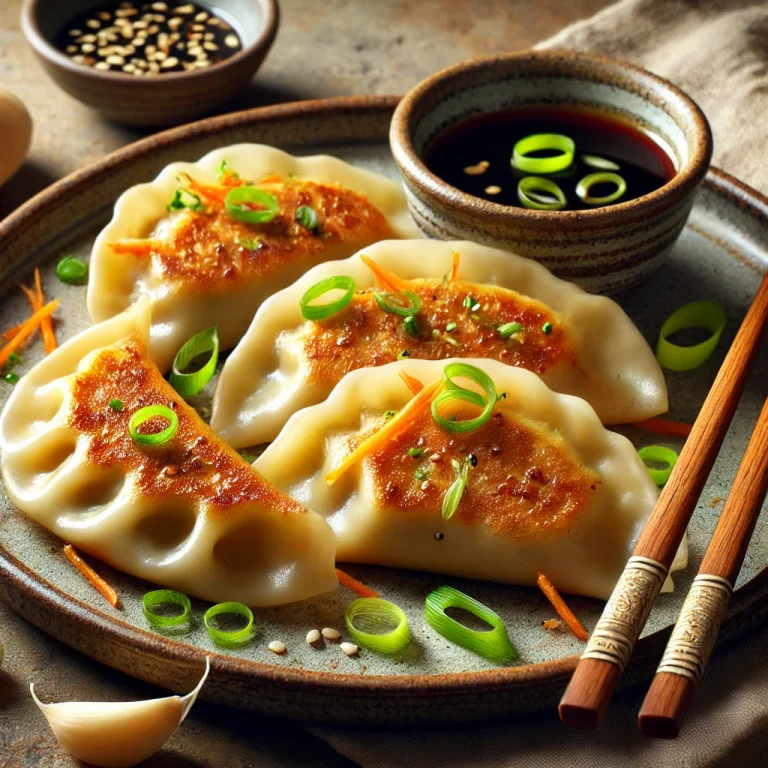 Ginger Gyoza tálalva szójaszószos tálkával