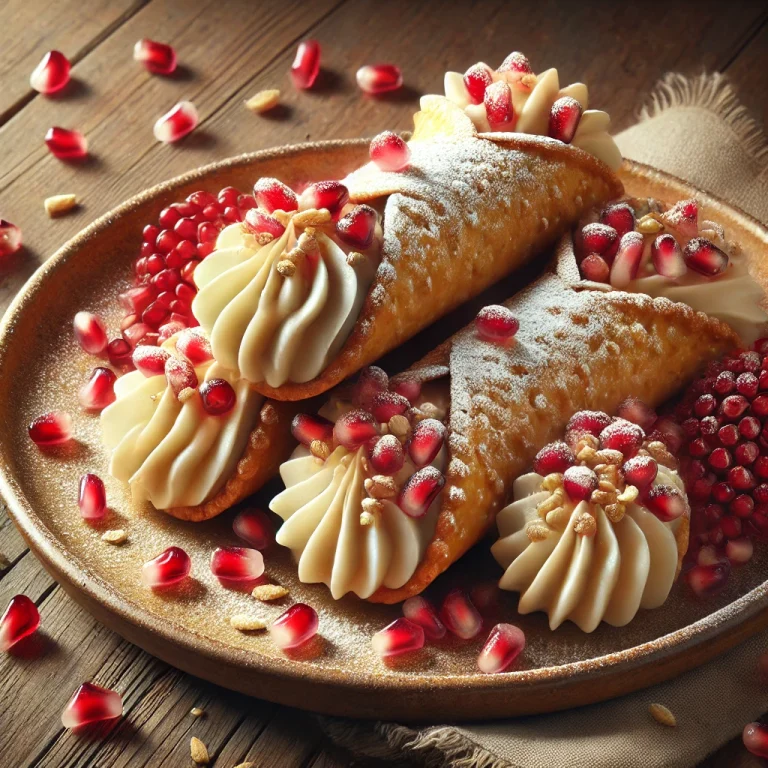 Gránátalmás-marcipános cannoli tálalva