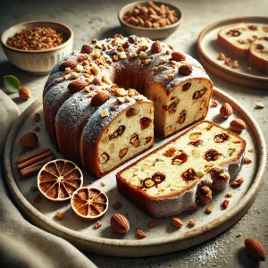 Porcukorral szórt stollen szeletek karamellizált dióval töltve