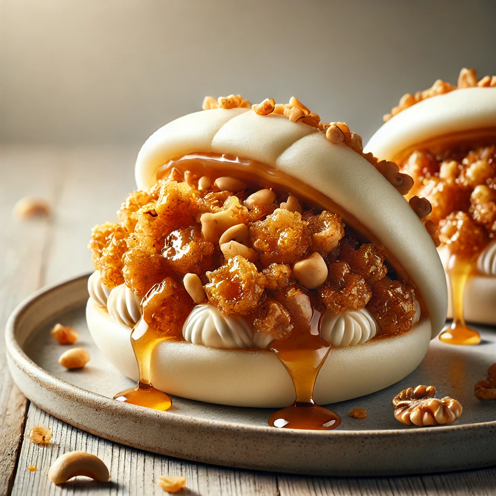 Puha bao bun mézes mascarpone krémmel és ropogós grillázzsal – különleges desszert