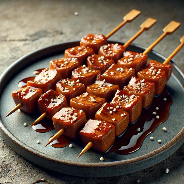 Gyutan yakitori marha nyelv pálcikán, szezámmaggal és friss zöldhagymával tálalva