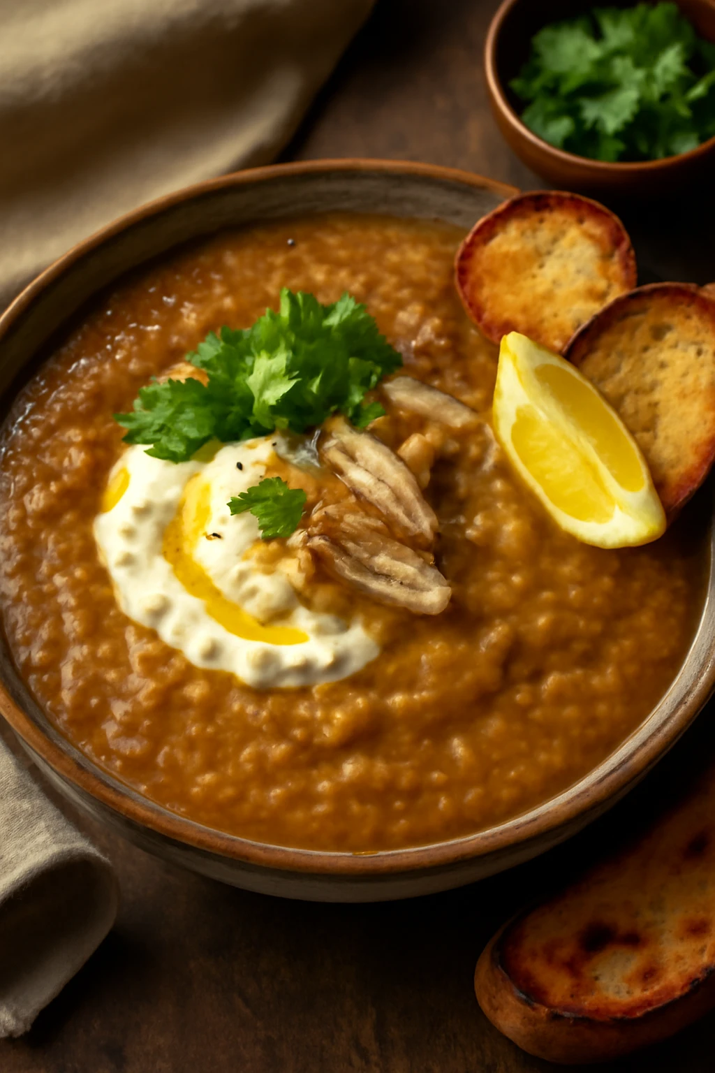 Haleem csirkével és joghurtos öntettel tálalva