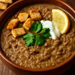 Haleem marhahússal joghurtos fokhagymás öntettel és pirított kenyérrel tálalva