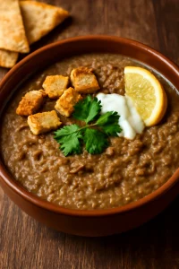 Haleem marhahússal és joghurtos öntettel tálalva
