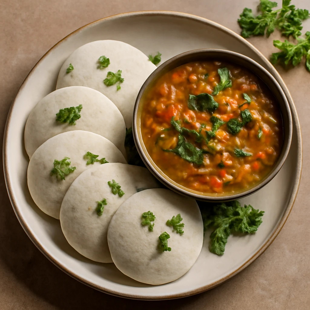 Friss idli sambarral, tökéletes reggelire vagy főételnek