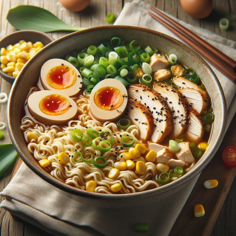 Instant Noodle Ramen tálalva tojással, csirkével és kukoricával
