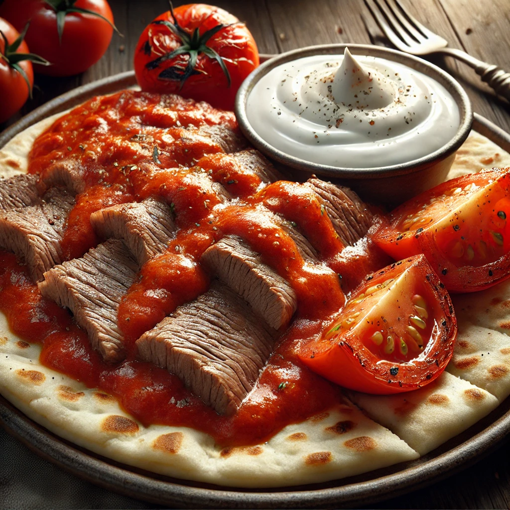 Vékonyra szeletelt döner hús kenyéren, paradicsommártással és joghurttal tálalva