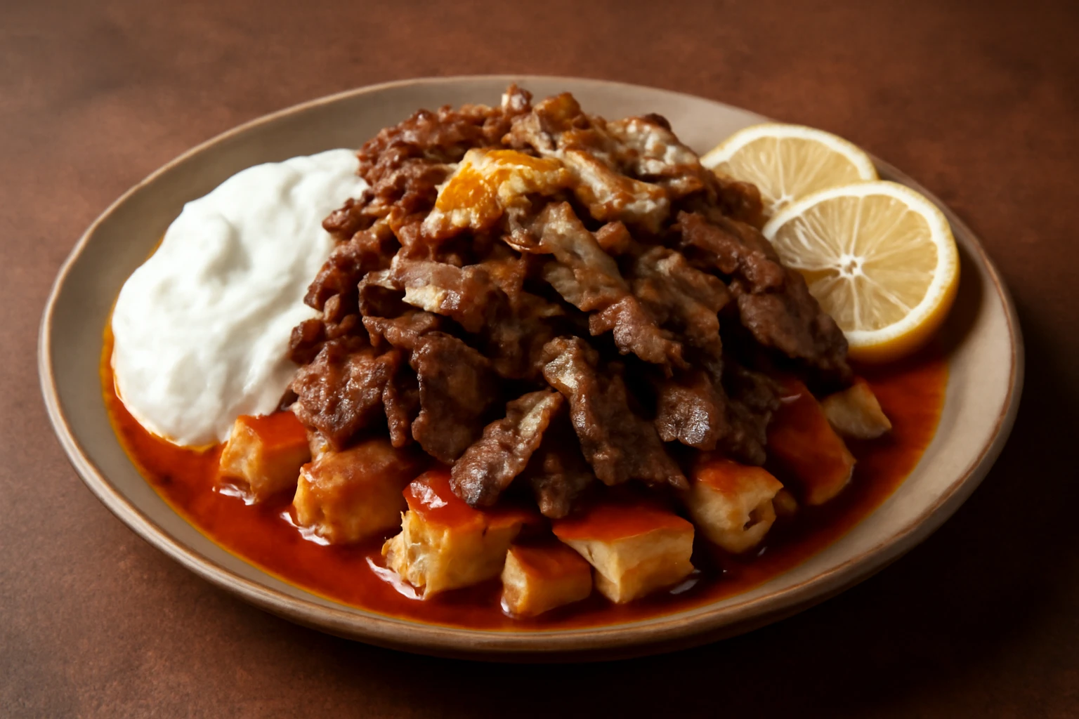 Bárányhúsos iskender kebab joghurtos szószban, pirított pitával tálalva