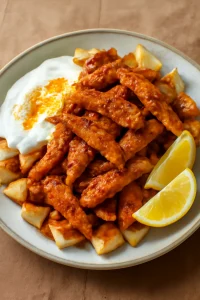 Csirkés iskender kebab joghurtos szószban, pirított pitával tálalva