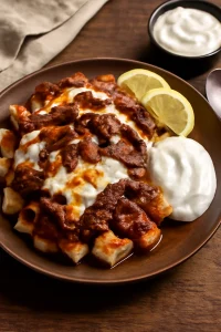 Iskender kebab fokhagymás joghurttal és pirított pitával tálalva