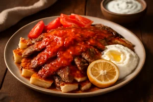 Iskender kebab fűszeres paradicsomszósszal és pirított pitával tálalva