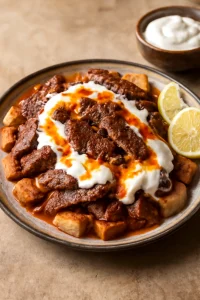 Marhahúsos iskender kebab joghurtos szószban, pirított pitával tálalva