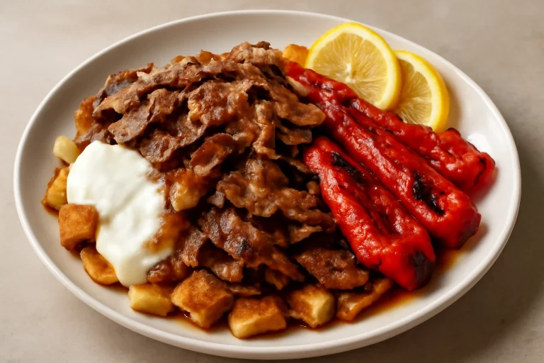 Iskender kebab sült paprikával joghurtos fokhagymás öntettel és pirított pitával tálalva