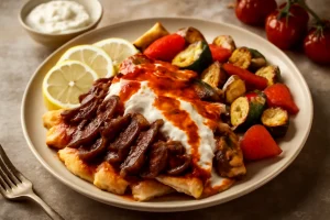 Iskender kebab sült zöldségekkel és joghurtos öntettel tálalva