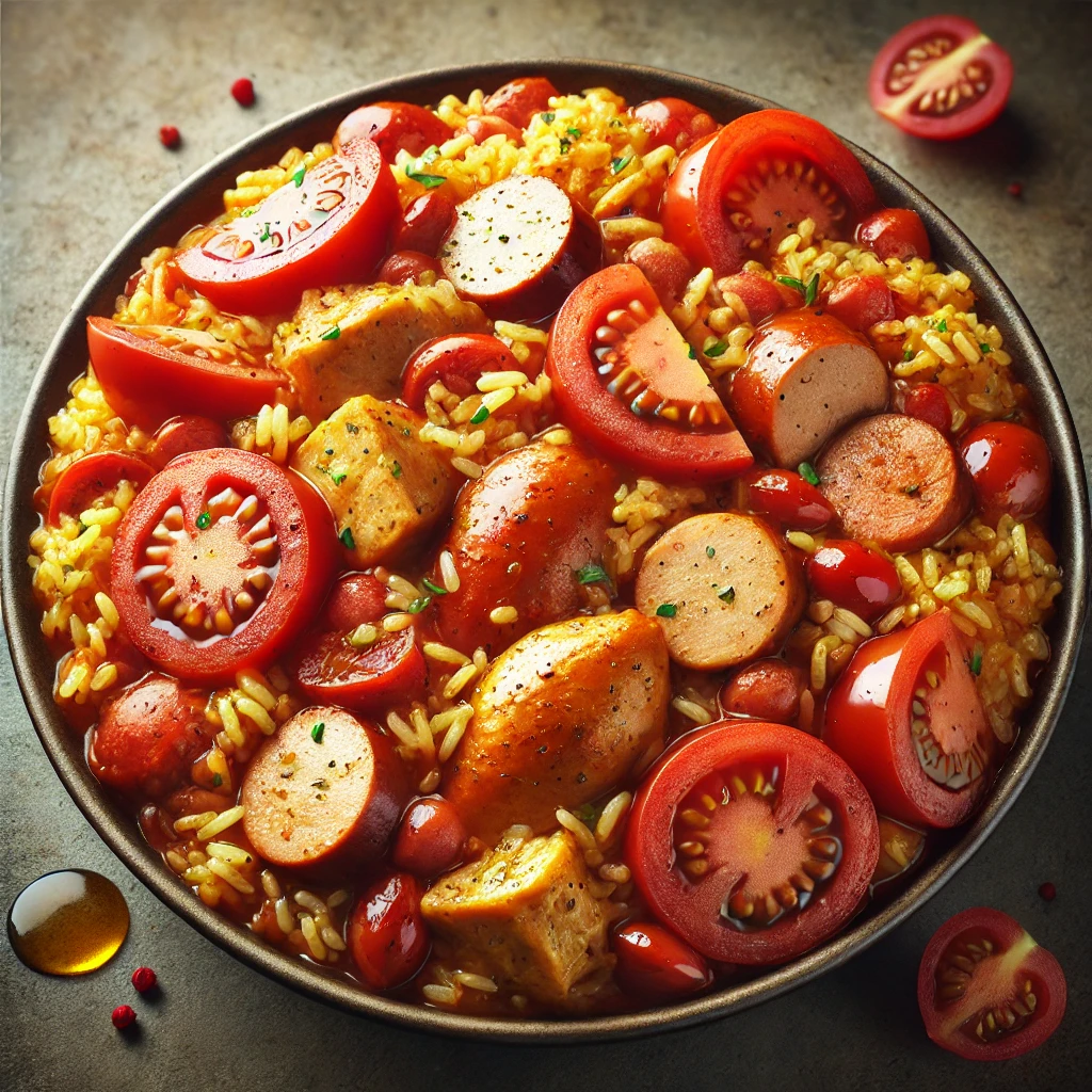 Gazdag paradicsomos jambalaya csirkével, kolbásszal és rizzsel