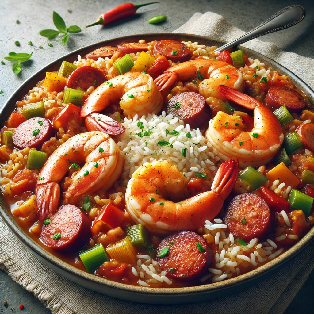 Fűszeres Jambalaya garnélával és kolbásszal, zöldségekkel