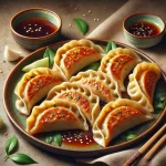 Japán gyoza csirkehúsos töltelékkel, pirított aljú tésztában, szójaszószos mártogatóval