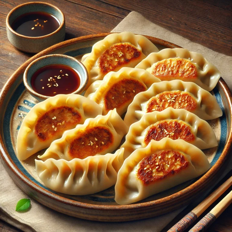 Japán gyoza pirítva és párolva tálalva, töltve sertéshússal és zöldségekkel