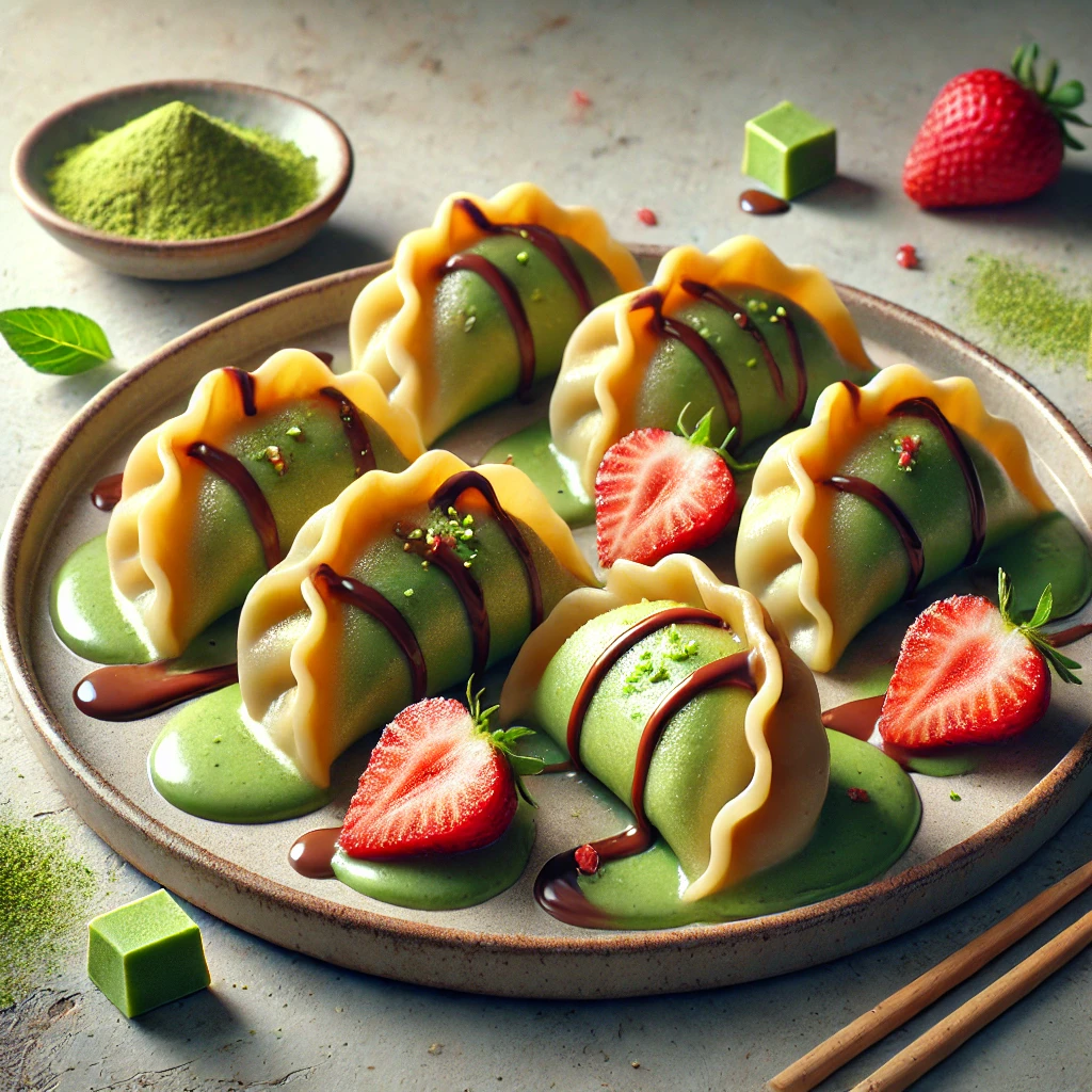 Desszert gyoza eperrel, mascarponéval és matchával