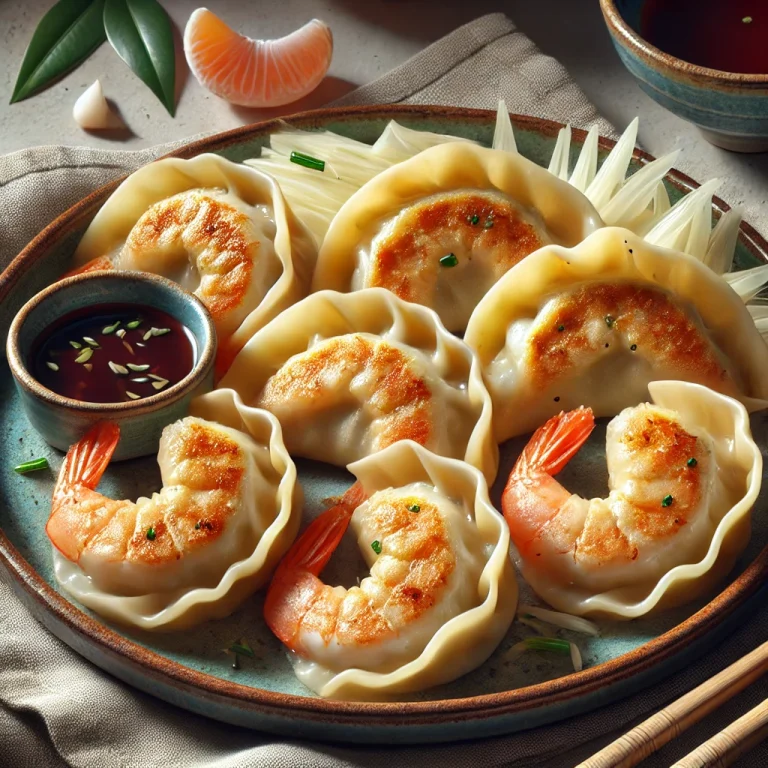 Japán rákos gyoza ropogós aljú tésztában, garnélás töltelékkel, szójaszószos mártogatóval tálalva