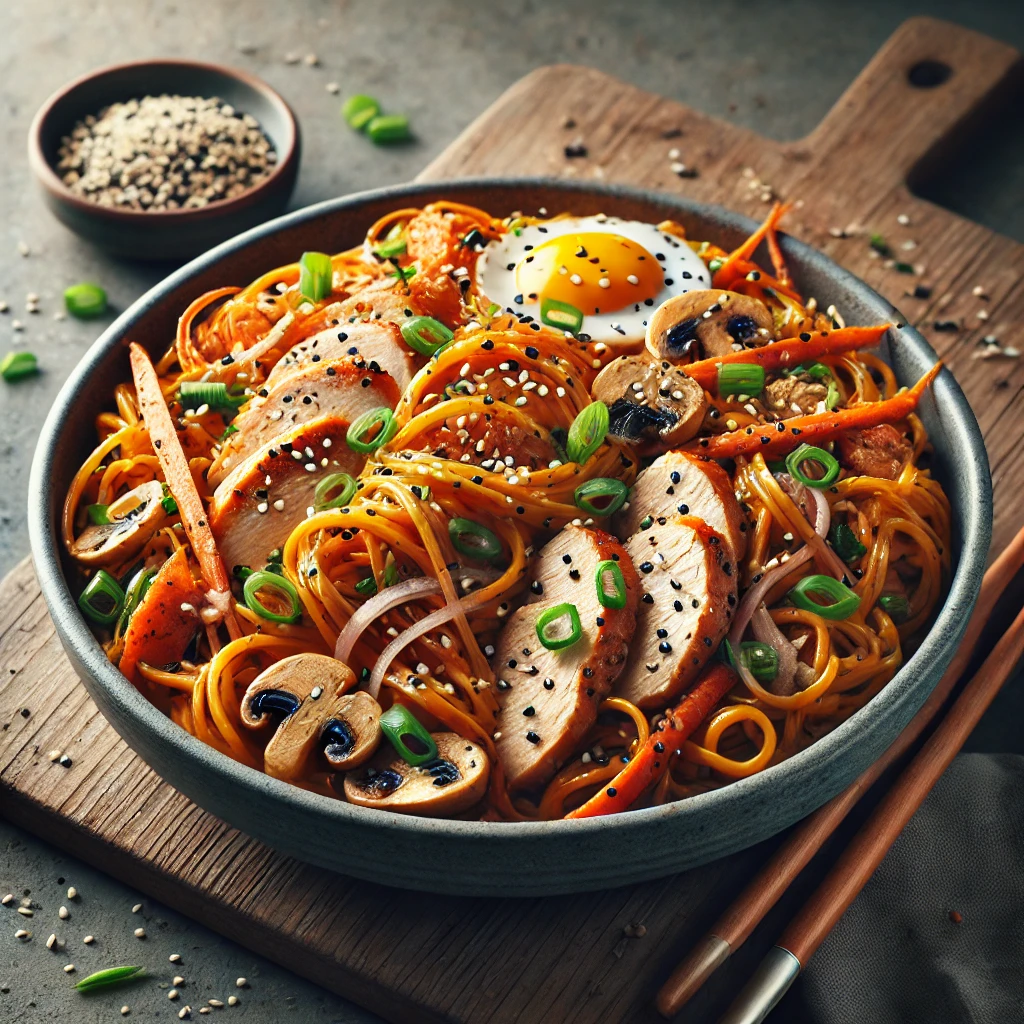 Japchae csirkehússal koreai édesburgonya tésztával