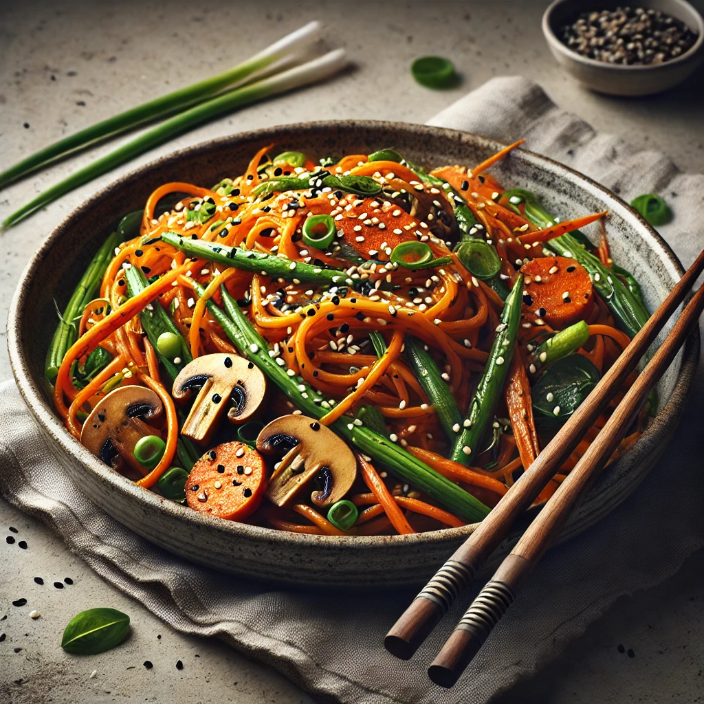 Japchae édes-savanyú szósszal koreai édesburgonya tésztával