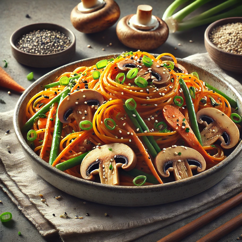 Japchae gombával koreai édesburgonya tésztával