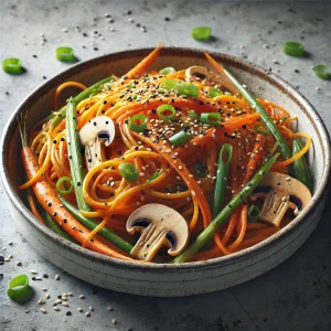 Japchae szójaszósszal és gyömbérrel koreai édesburgonya tésztával
