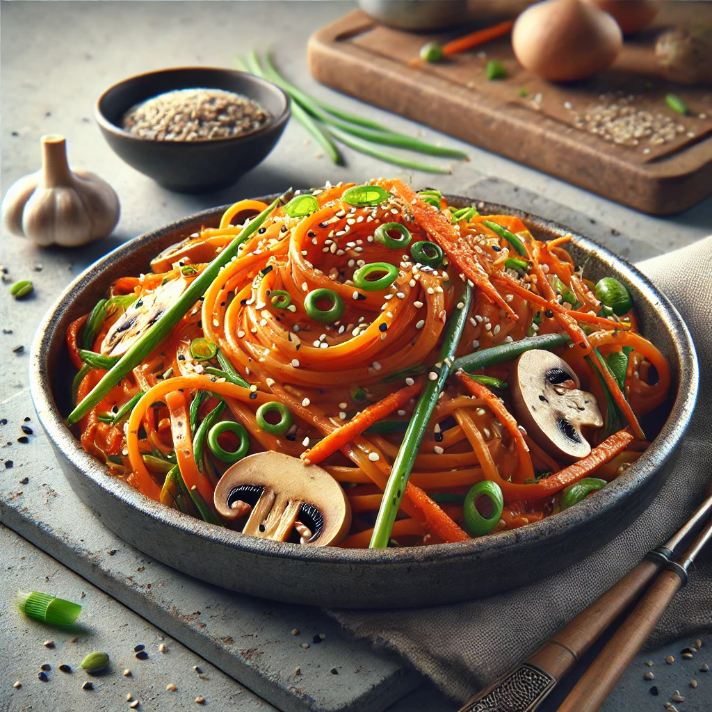 Japchae szójaszósszal és mézzel koreai édesburgonya tésztával