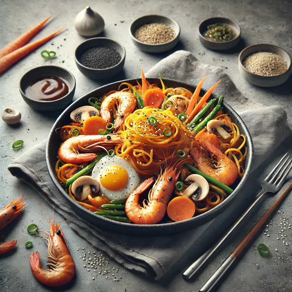 Japchae tenger gyümölcseivel koreai édesburgonya tésztával
