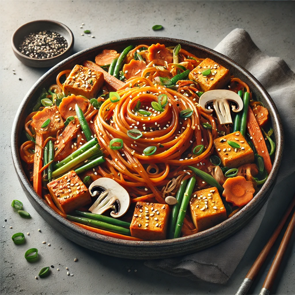 Japchae vegán tofuval koreai édesburgonya tésztával