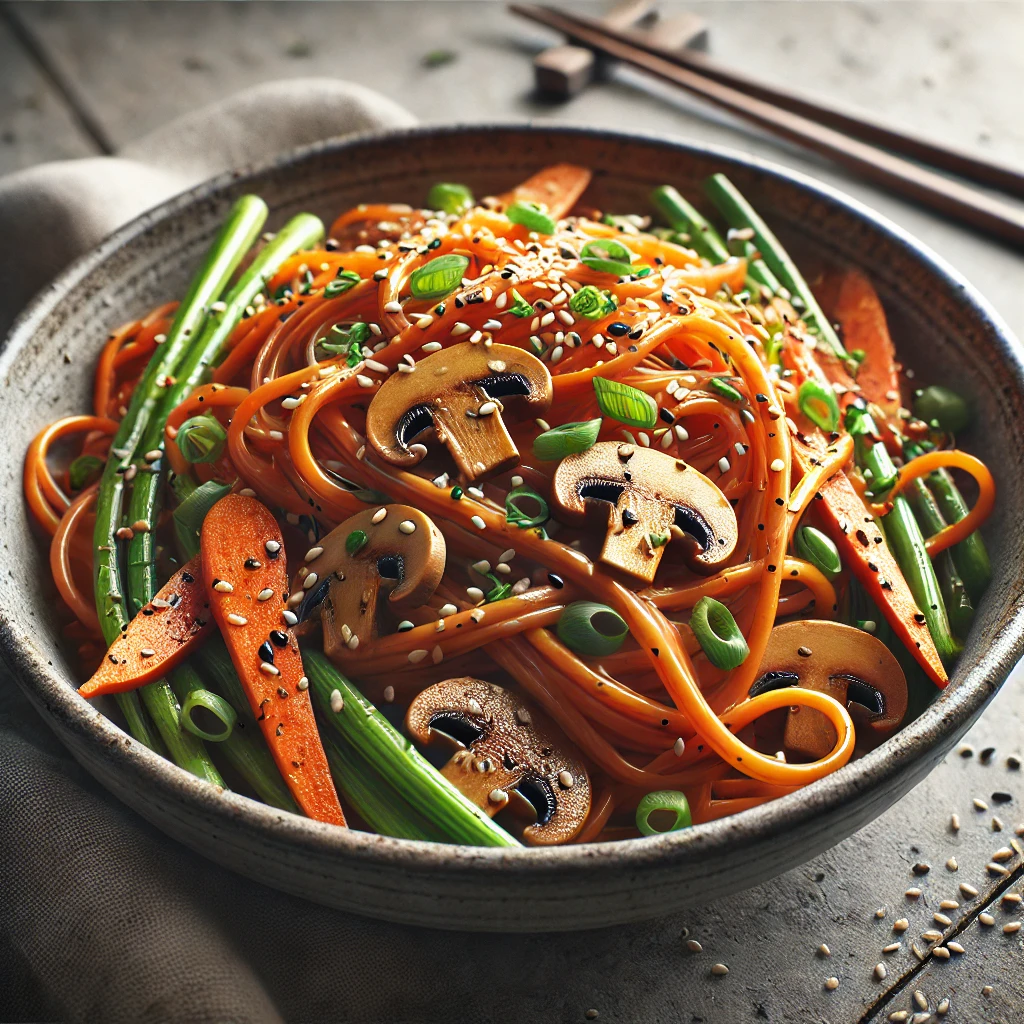 Japchae zöldségekkel koreai édesburgonya tésztával