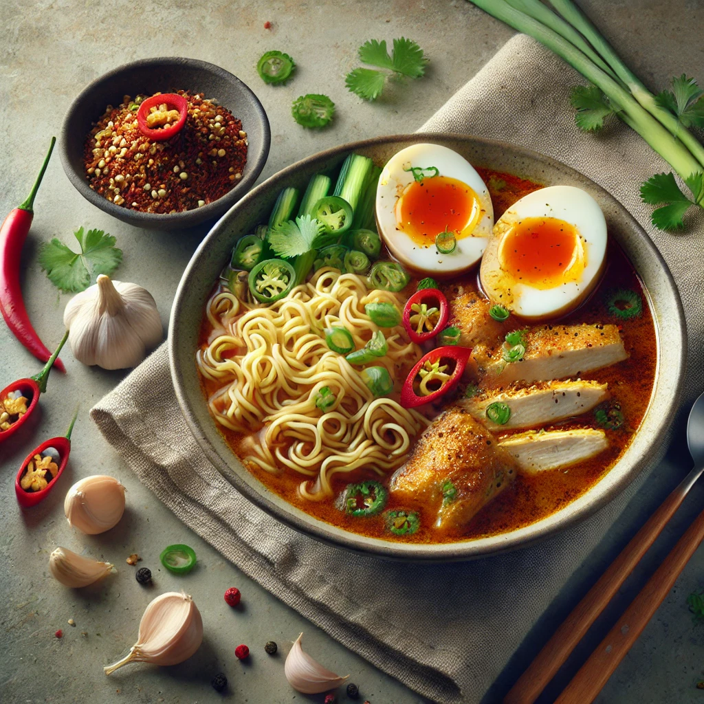 Tamarindos laksa, tészta és csirke, ropogós zöldségekkel tálalva