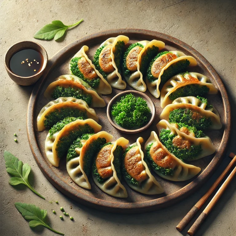 Kelkáposztás gyoza ropogós aljú darabok tálalva szójaszószos tálkával