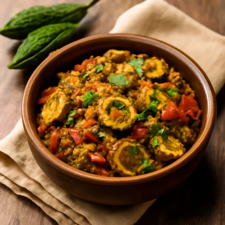 Karela Sabzi tálban, friss korianderrel díszítve